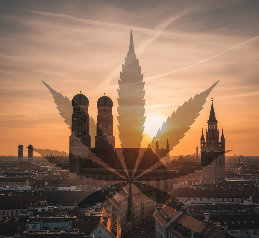 Cannabis-Blatt-Silhouette über Münchner Skyline bei Sonnenuntergang