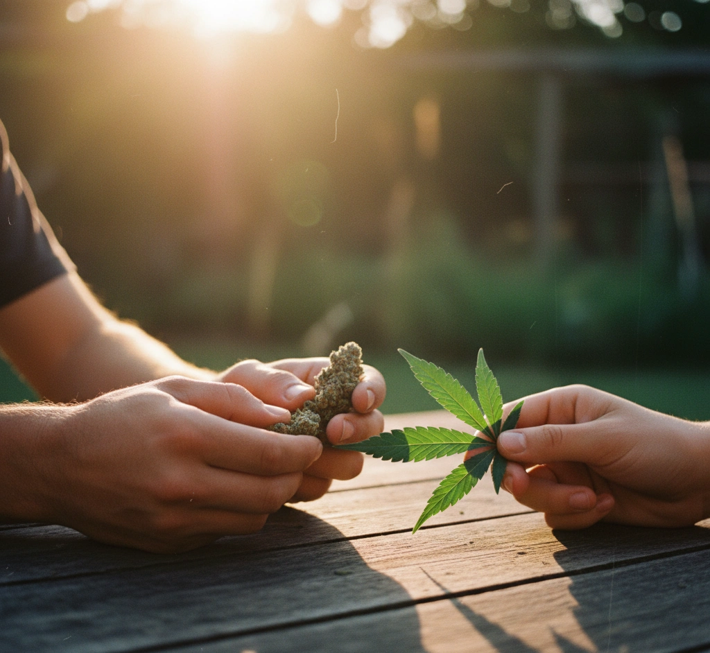 Zwei Hände teilen Cannabisblätter als Symbol für Freundschaft und gemeinsame Cannabis-Leidenschaft